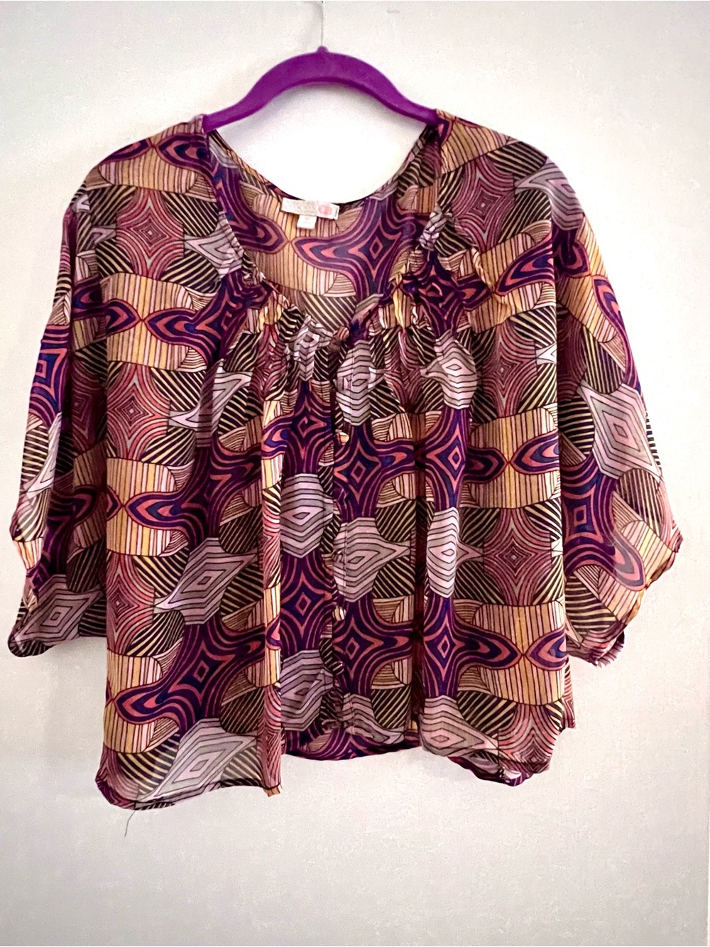 Gianni Bini Sheer Geometric Blouse in Purple, Tan and Cream